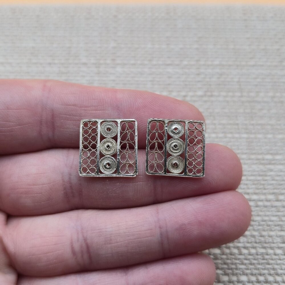 Sterling Silver Square Unique Pattern Stud Earrin… - image 1
